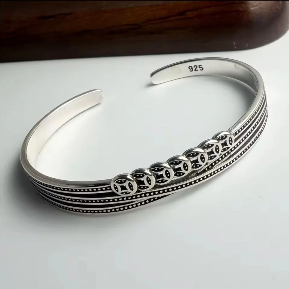Sterling Silver 925 Cuff Bracelet with Decorative Discs